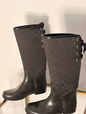 Coach Black Monogram Lace-Up Knee-High Rain Boots